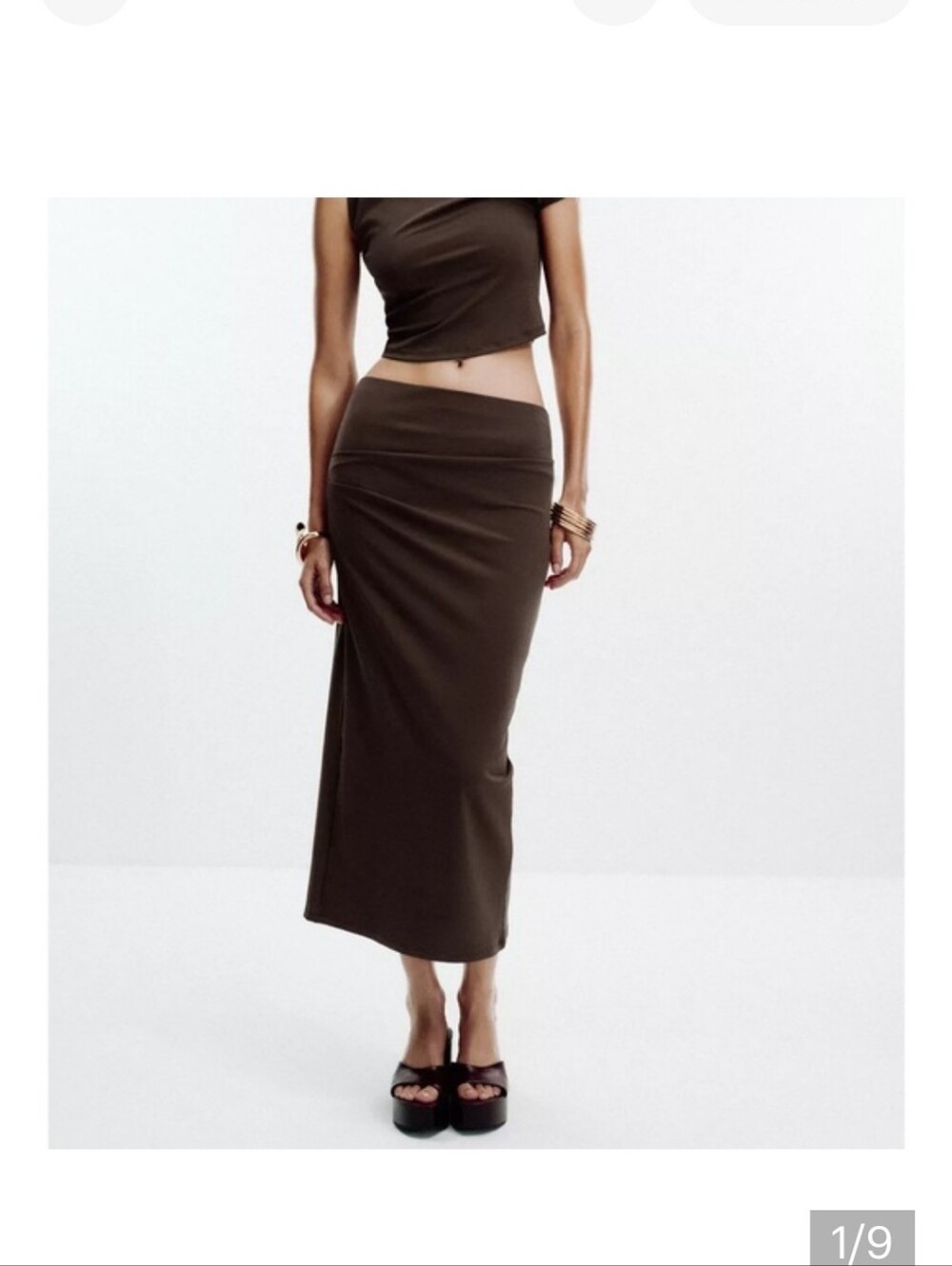 ZARA Textured Brown Ruched Midi Pencil Skirt Size Large